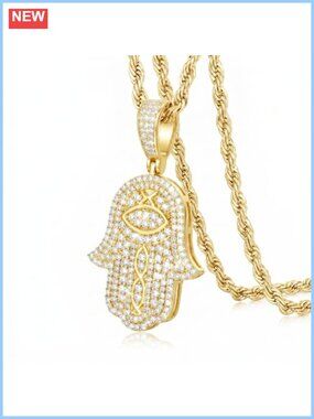 18K Gold Plated Evil Eye Hamsa Pendant Necklace Moissanite Iced Out